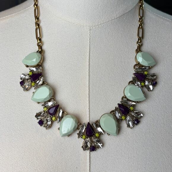 J Crew Mint Green Purple Crystal Rhinestone Vintage Gold Tone Statement Necklace - Picture 1 of 2
